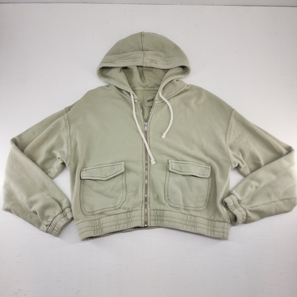 Aerie Medium | Sage Green Cropped Full Zip Hoodie Cargo Pocket Loungewear Womens
